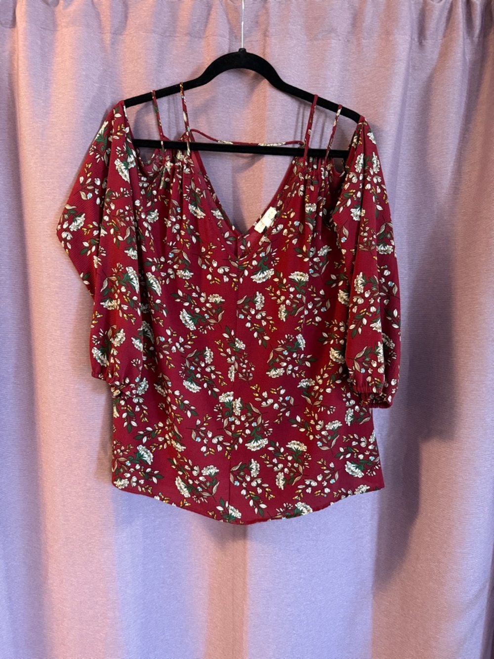 Crescent Red Floral Cold-Shoulder V-Neck Blouse